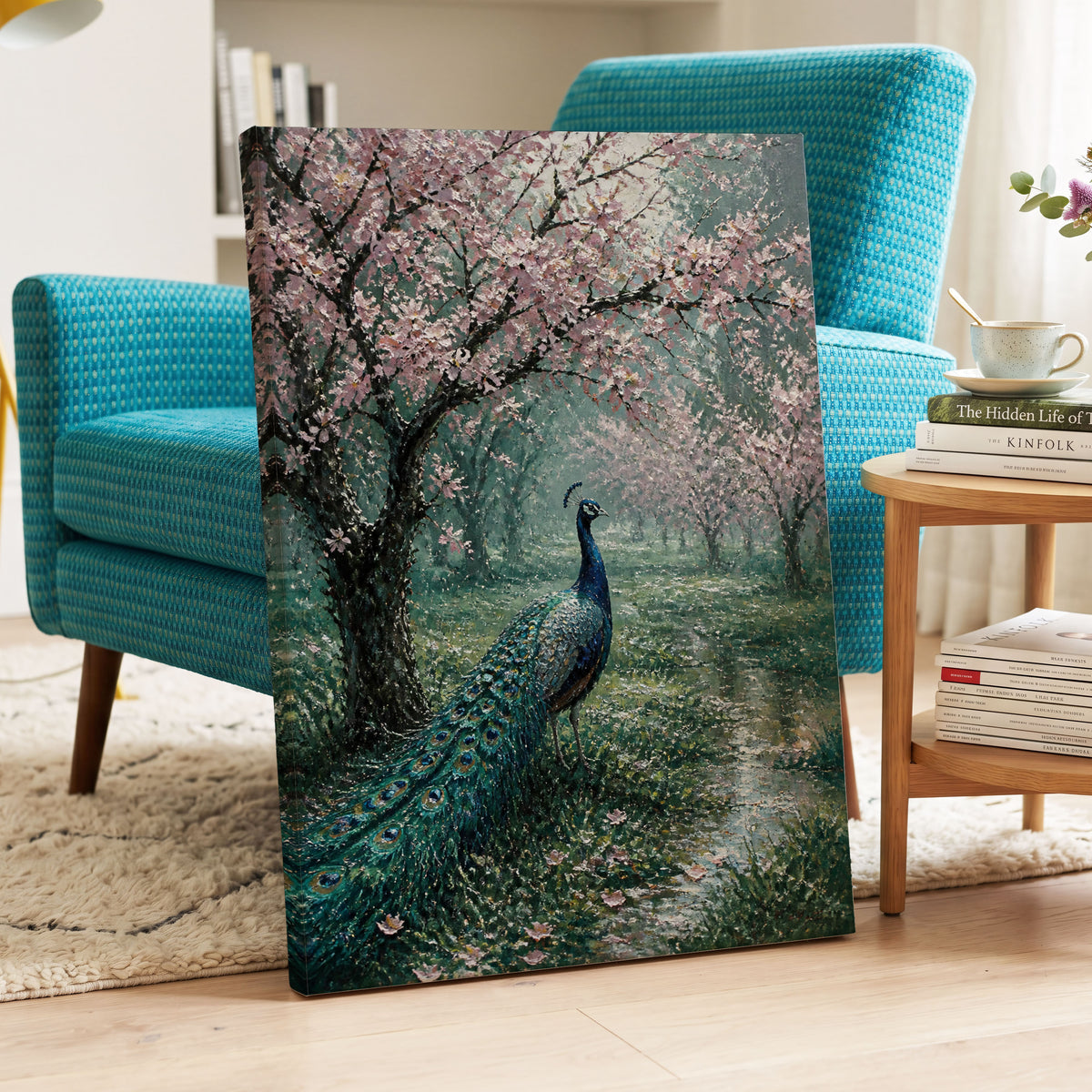 Peacock Beneath Blossom, green, pink, blue nature wall art on canvas displayed in a styled interior, gallery view 2