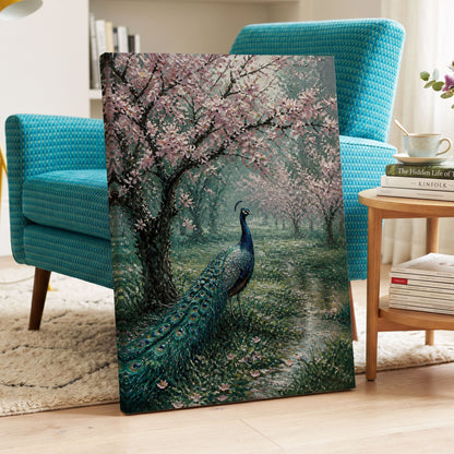 Peacock Beneath Blossom, green, pink, blue nature wall art on canvas displayed in a styled interior, gallery view 2