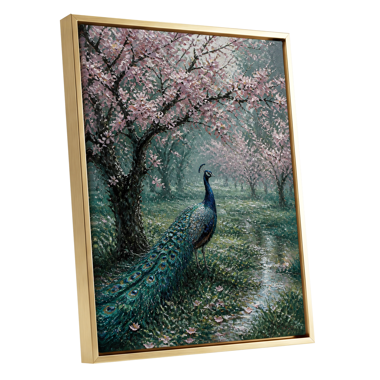Peacock Beneath Blossom, green, pink, blue nature wall art shown as a gold framed canvas wall art