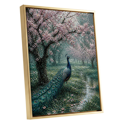 Peacock Beneath Blossom, green, pink, blue nature wall art shown as a gold framed canvas wall art