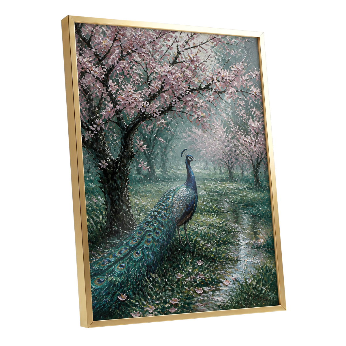 Peacock Beneath Blossom, green, pink, blue nature wall art shown as a gold framed poster wall art print