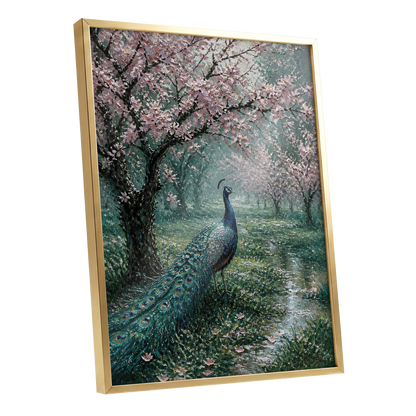Peacock Beneath Blossom, green, pink, blue nature wall art shown as a gold framed poster wall art print