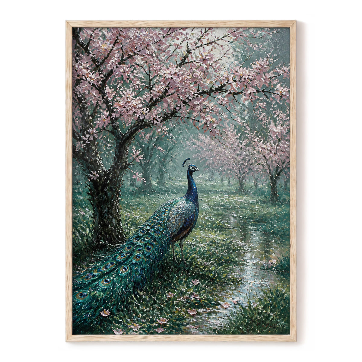 Peacock Beneath Blossom, green, pink, blue nature wall art, front artwork view