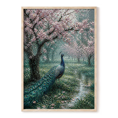 Peacock Beneath Blossom, green, pink, blue nature wall art, front artwork view