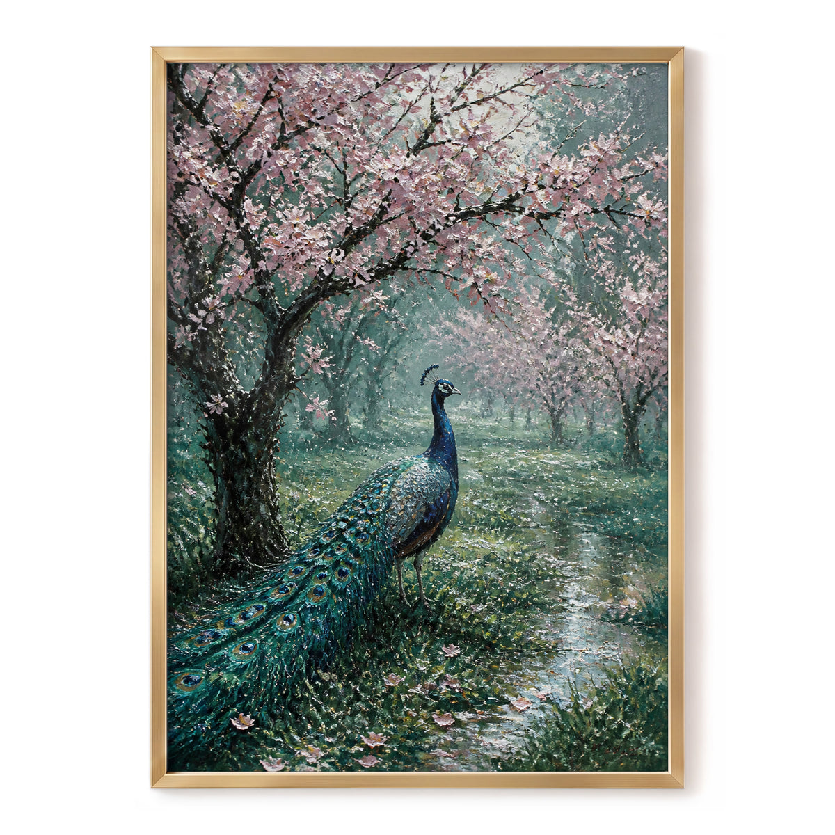 Peacock Beneath Blossom, green, pink, blue nature wall art, front artwork view