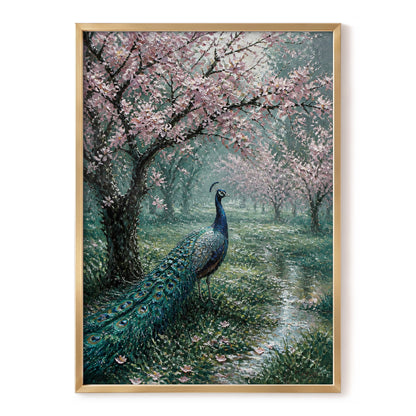 Peacock Beneath Blossom, green, pink, blue nature wall art, front artwork view