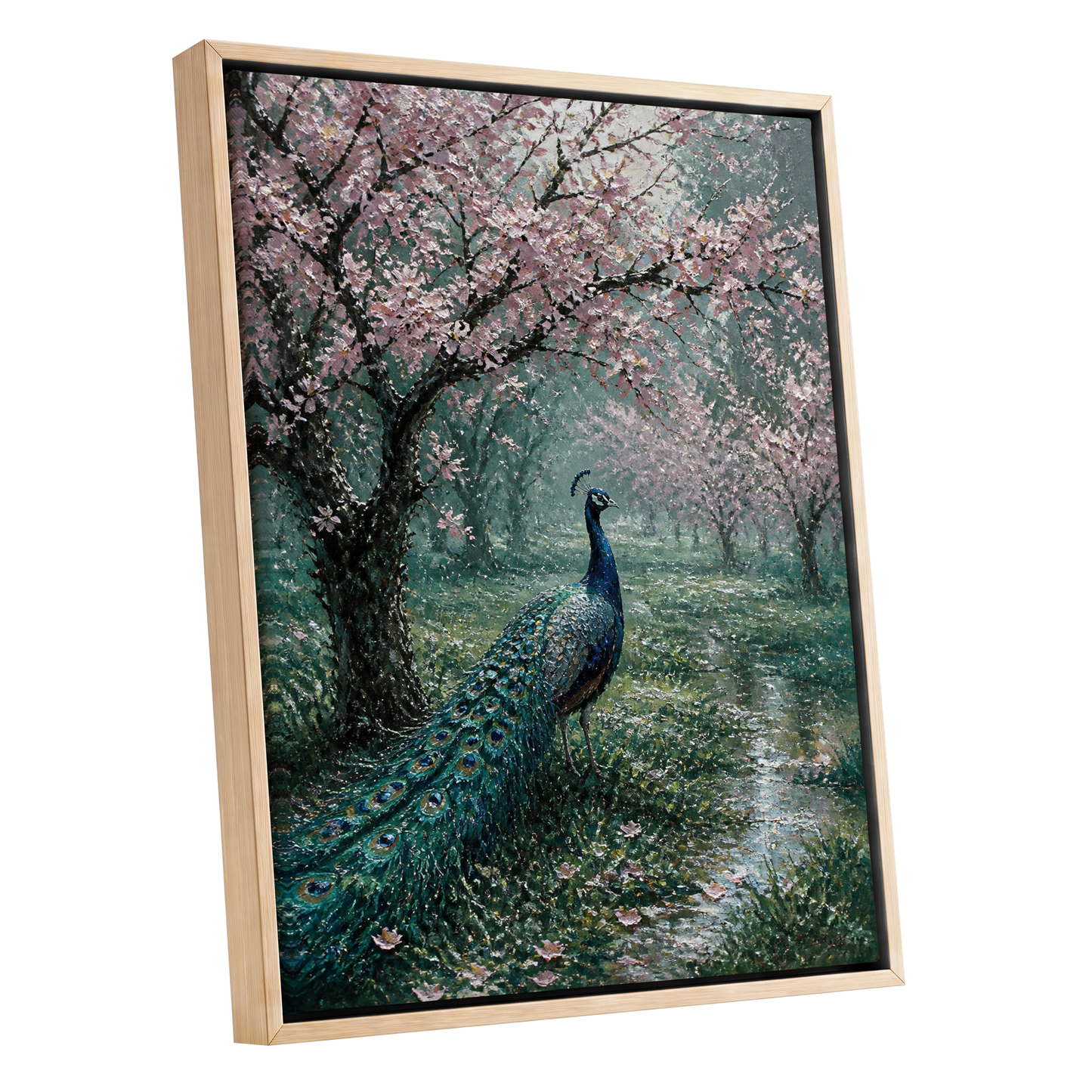 Peacock Beneath Blossom, green, pink, blue nature wall art shown as a oak framed canvas wall art
