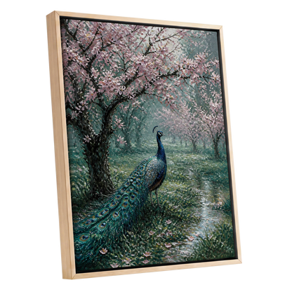 Peacock Beneath Blossom, green, pink, blue nature wall art shown as a oak framed canvas wall art