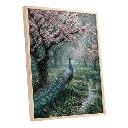 Peacock Beneath Blossom, green, pink, blue nature wall art shown as a oak framed poster wall art print