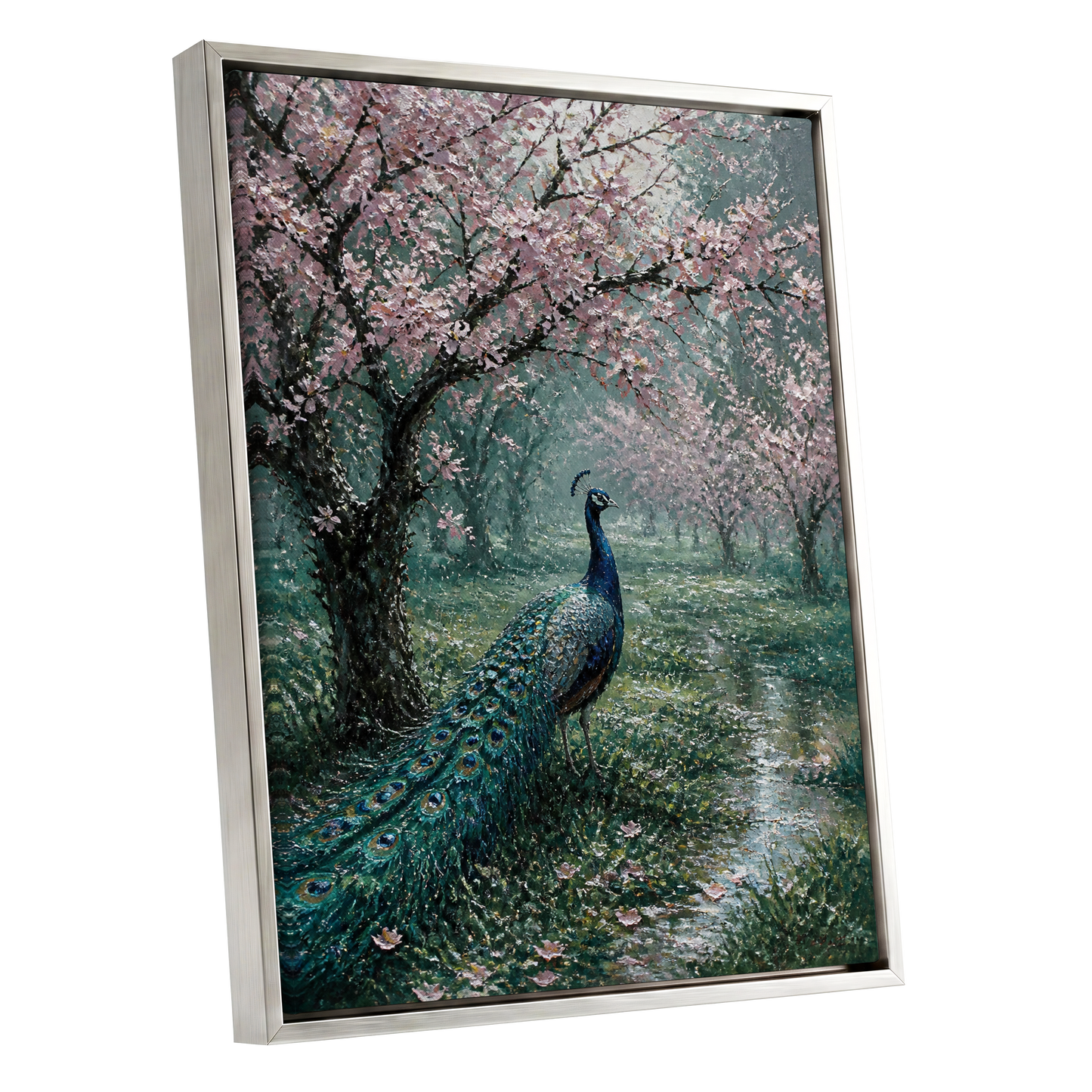 Peacock Beneath Blossom, green, pink, blue nature wall art shown as a silver framed canvas wall art