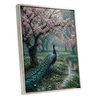 Peacock Beneath Blossom, green, pink, blue nature wall art shown as a silver framed canvas wall art