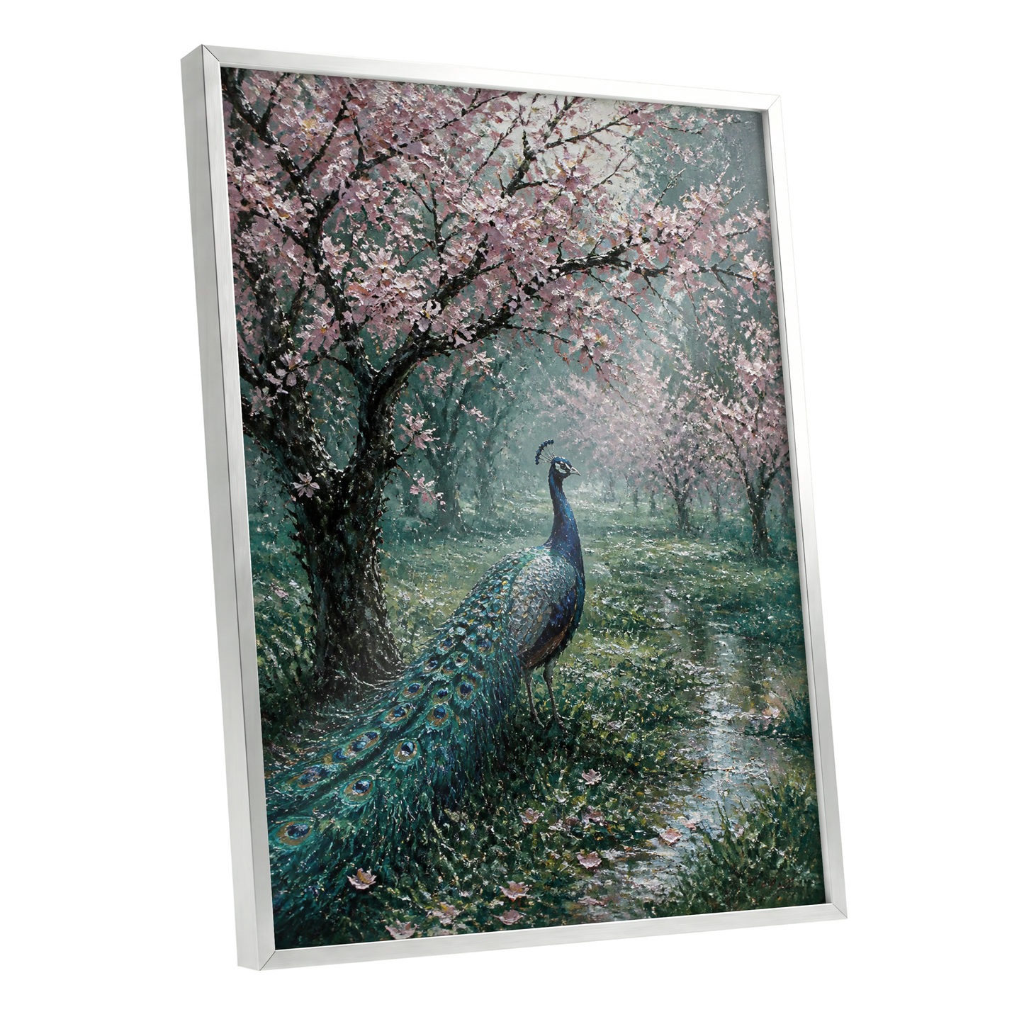 Peacock Beneath Blossom, green, pink, blue nature wall art shown as a silver framed poster wall art print