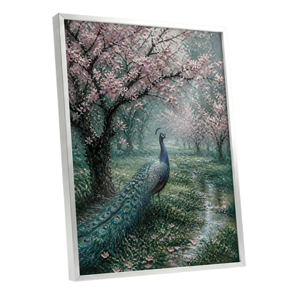 Peacock Beneath Blossom, green, pink, blue nature wall art shown as a silver framed poster wall art print