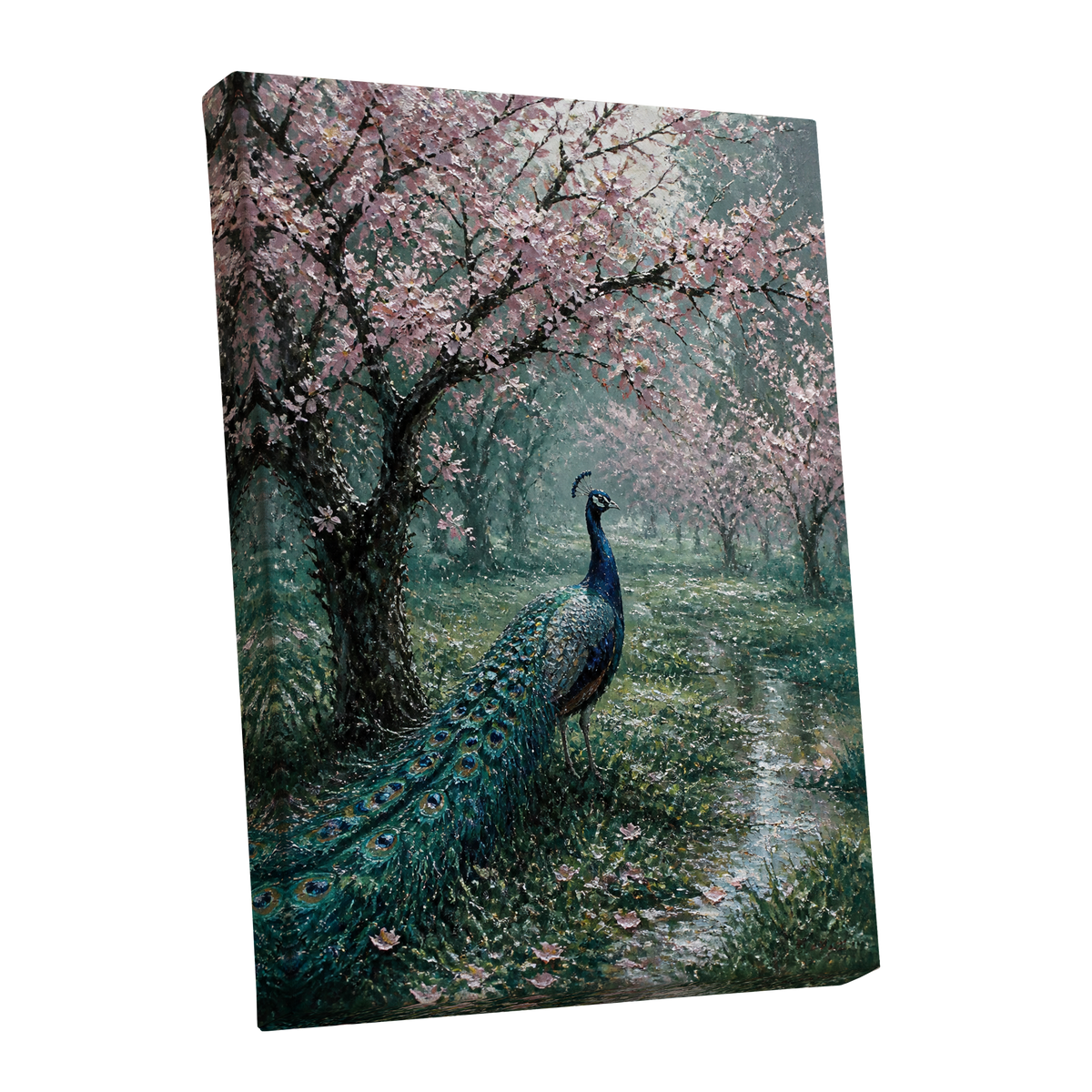 Peacock Beneath Blossom, green, pink, blue nature wall art shown as a stretched canvas wall art