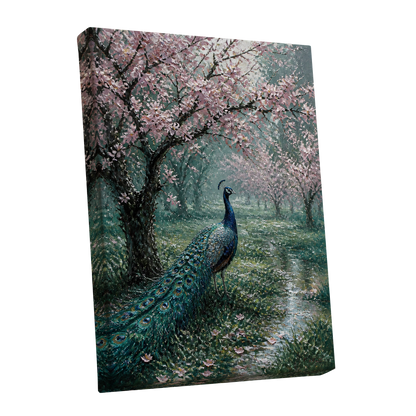 Peacock Beneath Blossom, green, pink, blue nature wall art shown as a stretched canvas wall art