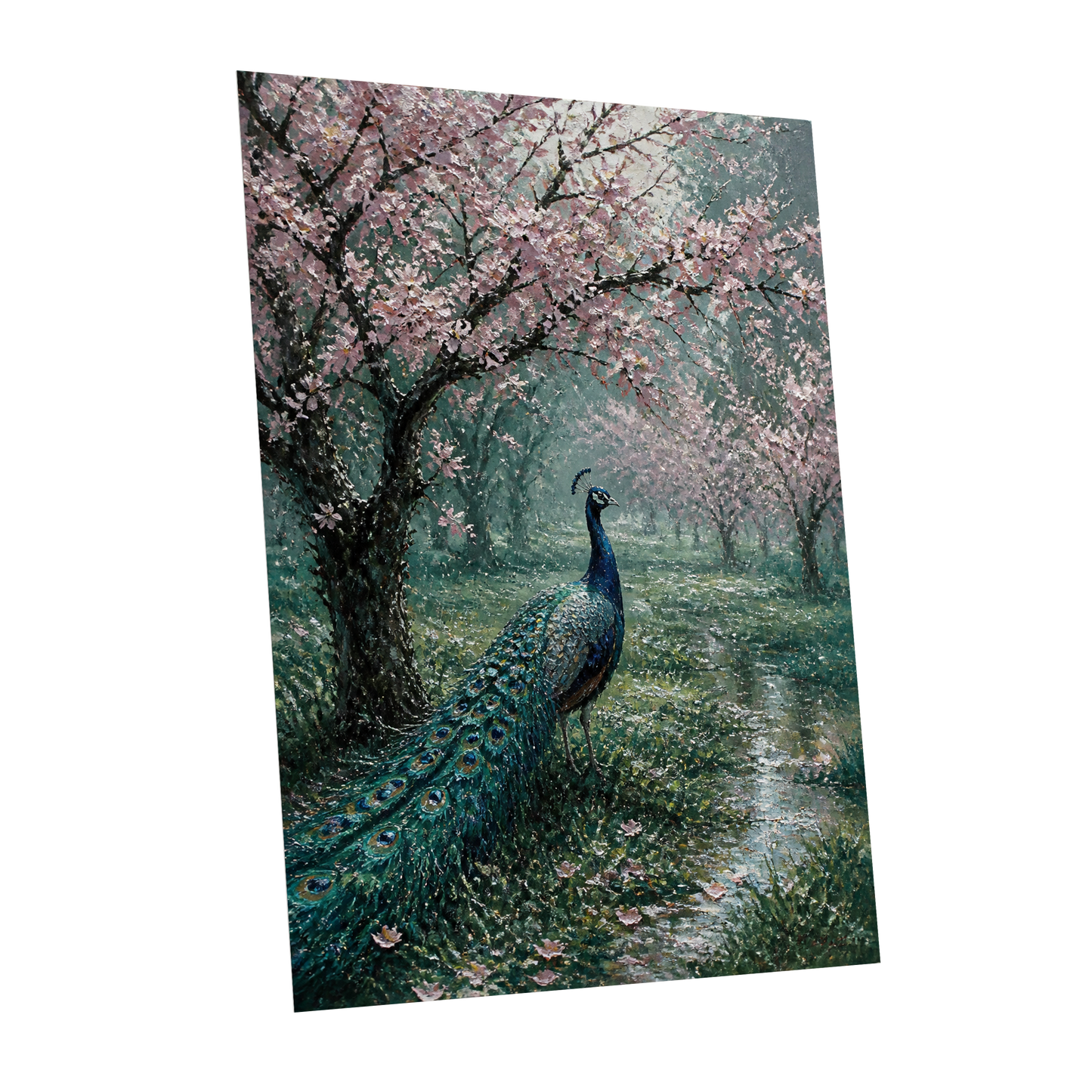 Peacock Beneath Blossom, green, pink, blue nature wall art shown as a unframed poster wall art print