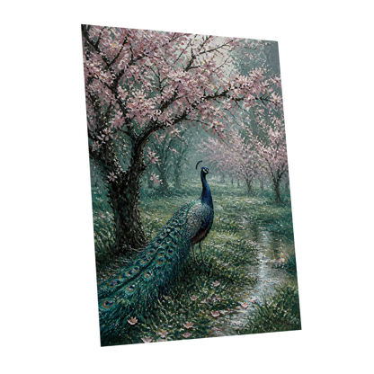 Peacock Beneath Blossom, green, pink, blue nature wall art shown as a unframed poster wall art print