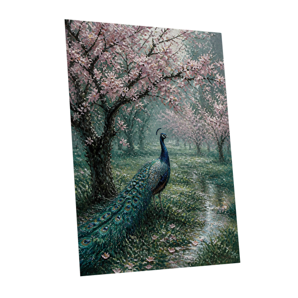 Peacock Beneath Blossom, green, pink, blue nature wall art shown as a unframed poster wall art print
