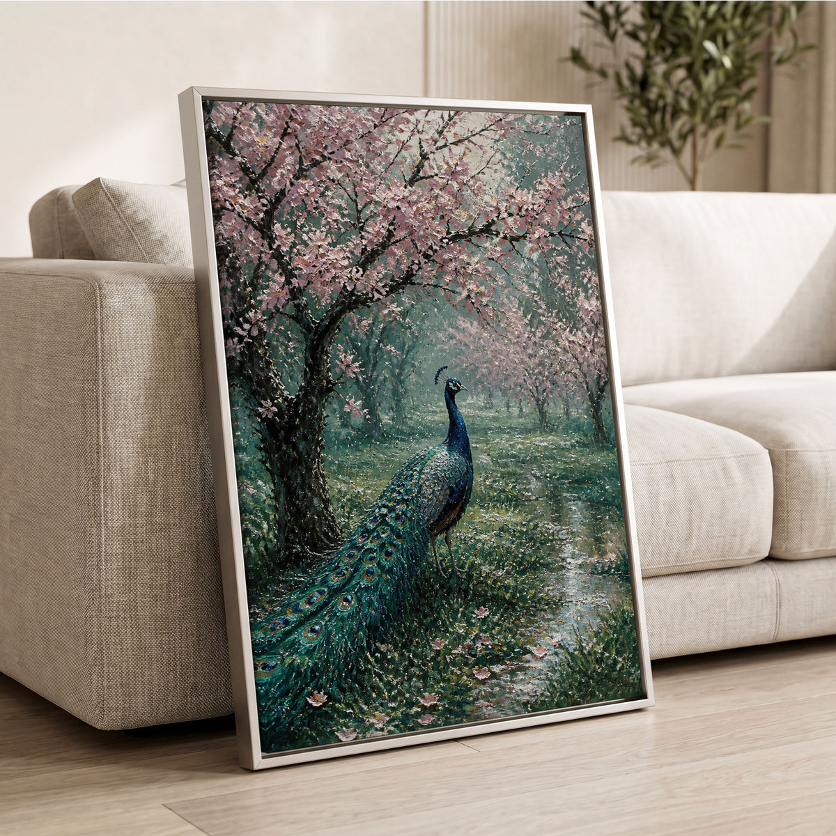 Peacock Beneath Blossom, green, pink, blue nature wall art displayed in a styled interior, gallery view 1