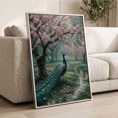 Peacock Beneath Blossom, green, pink, blue nature wall art displayed in a styled interior, gallery view 1