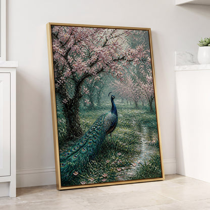 Peacock Beneath Blossom, green, pink, blue nature wall art displayed in a styled interior, gallery view 1