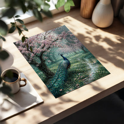 Peacock Beneath Blossom, green, pink, blue nature wall art displayed in a styled interior, gallery view 2