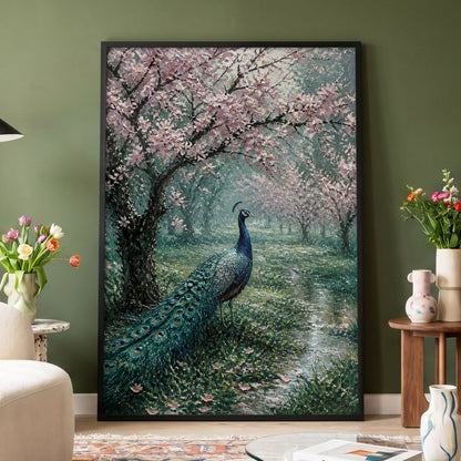 Peacock Beneath Blossom, green, pink, blue nature wall art displayed in a styled interior, gallery view 3