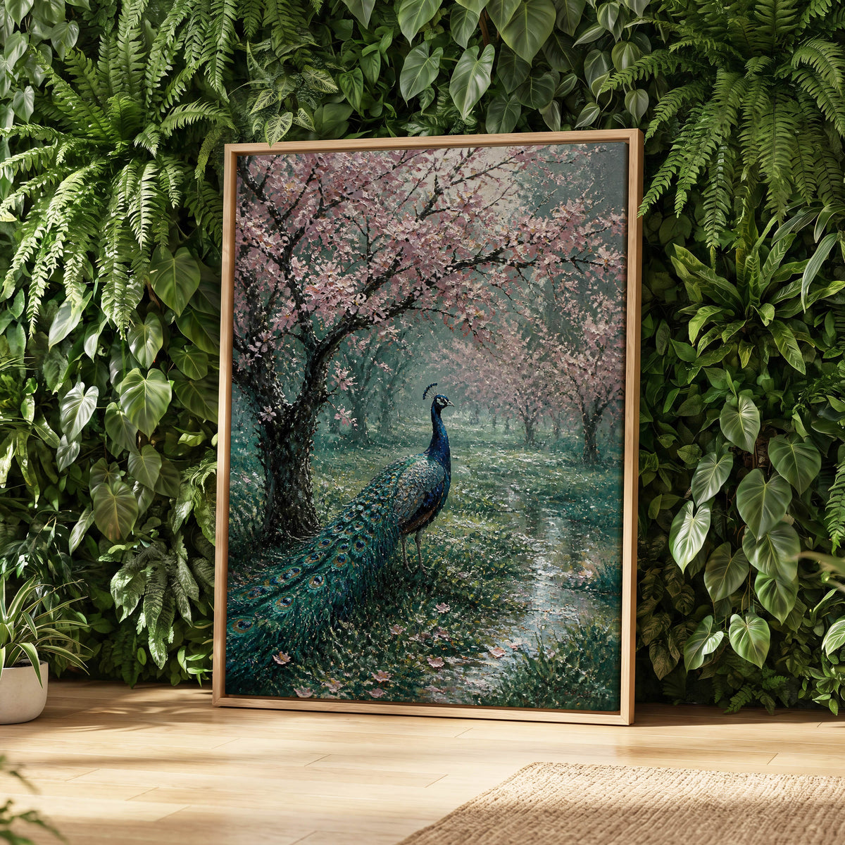 Peacock Beneath Blossom, green, pink, blue nature wall art displayed in a styled interior, gallery view 3