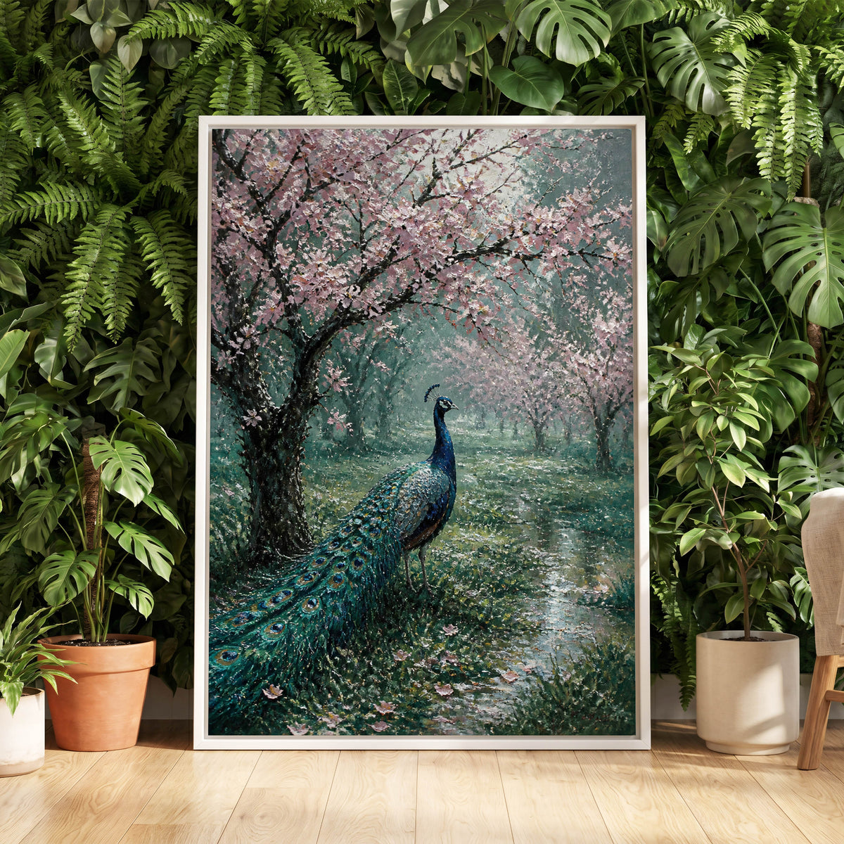 Peacock Beneath Blossom, green, pink, blue nature wall art displayed in a styled interior, gallery view 4