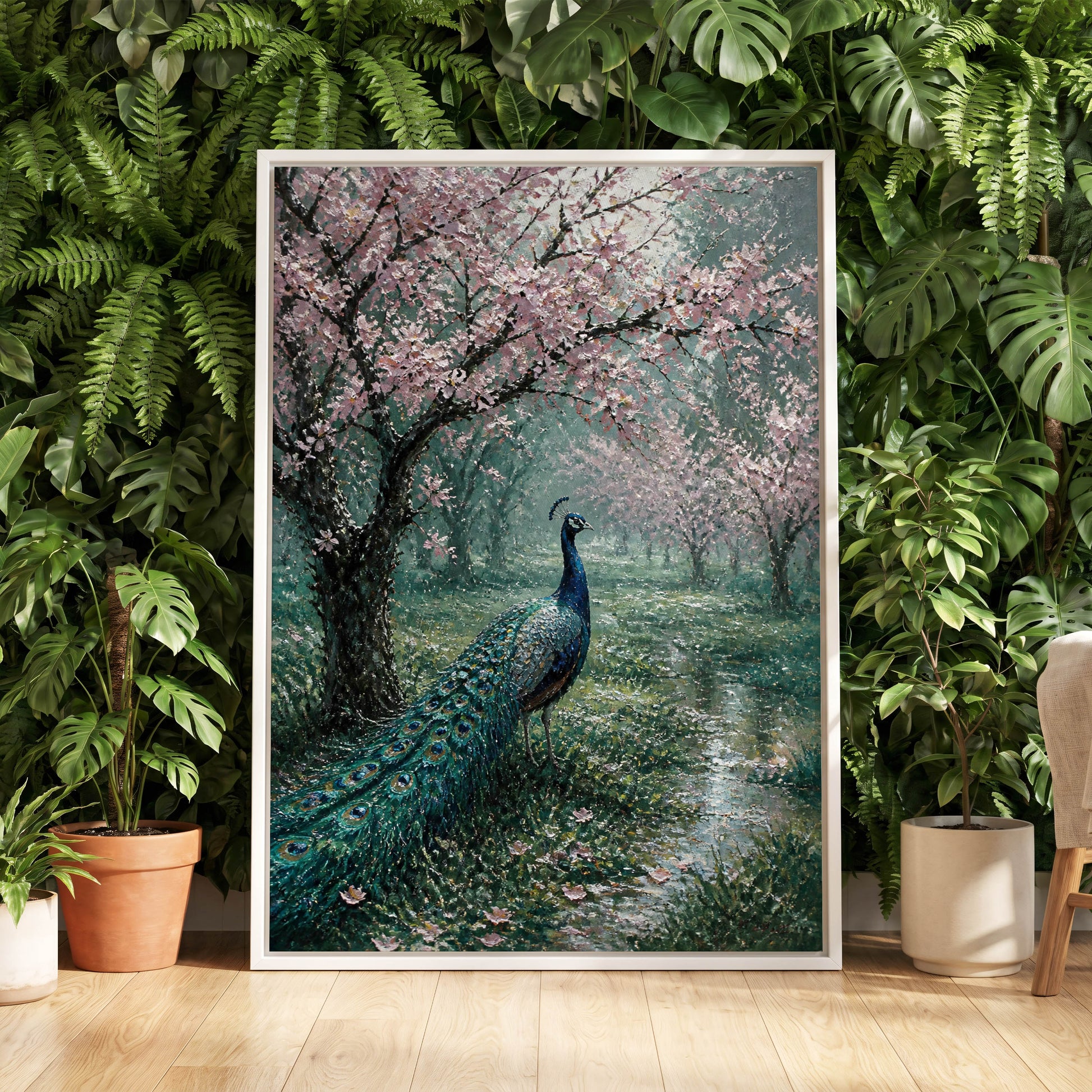 Peacock Beneath Blossom, green, pink, blue nature wall art displayed in a styled interior, gallery view 4