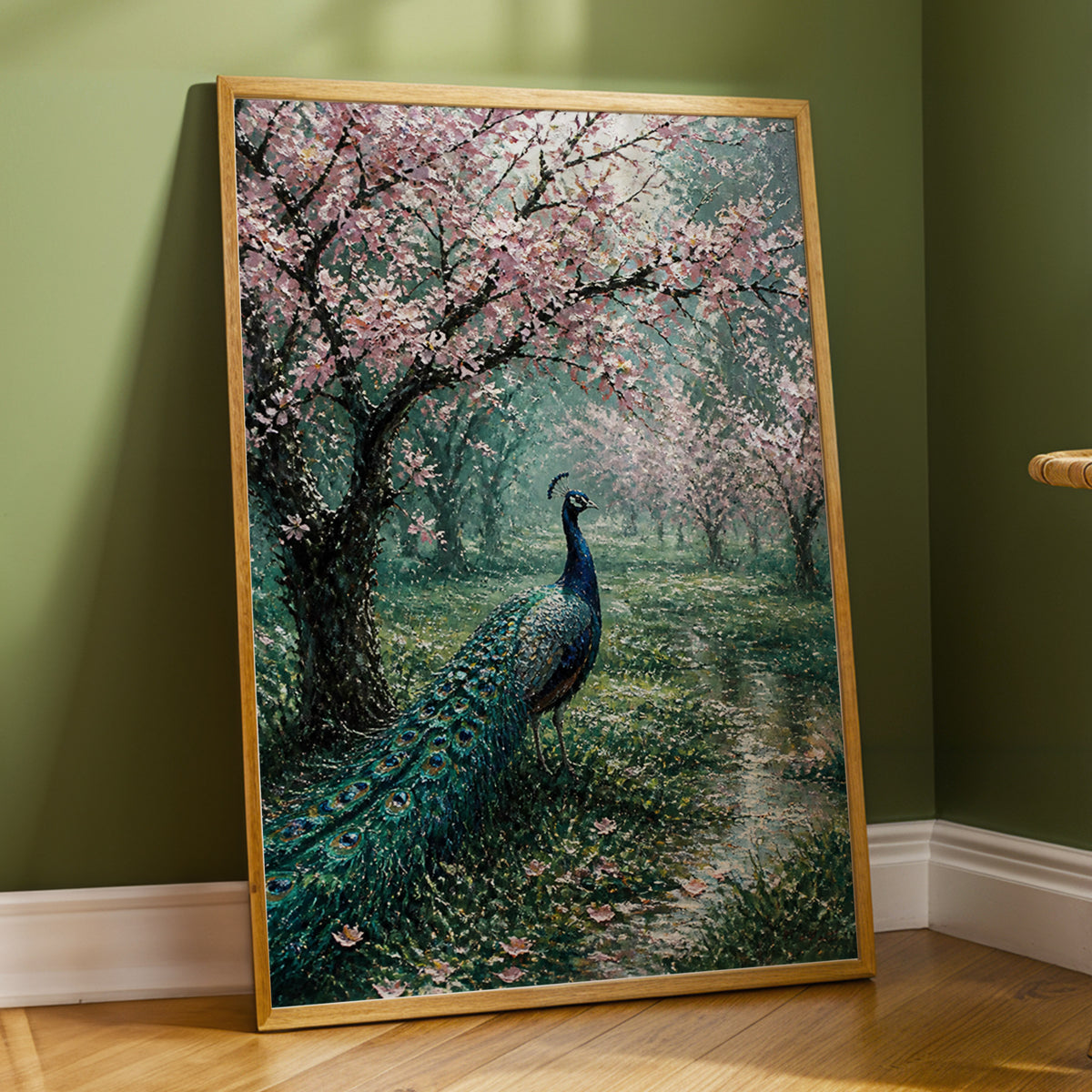 Peacock Beneath Blossom, green, pink, blue nature wall art displayed in a styled interior, gallery view 4