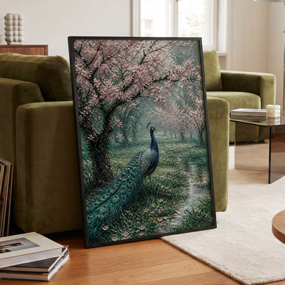 Peacock Beneath Blossom, green, pink, blue nature wall art displayed in a styled interior, gallery view 5