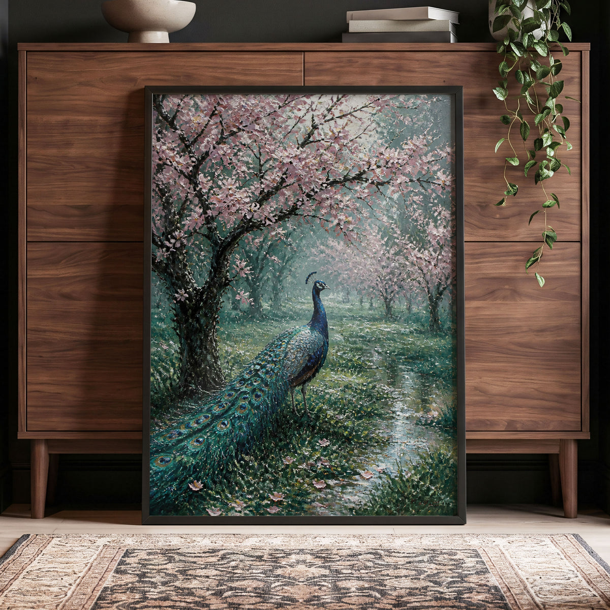 Peacock Beneath Blossom, green, pink, blue nature wall art displayed in a styled interior, gallery view 5