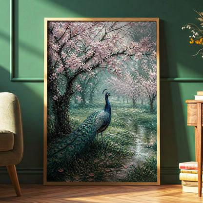 Peacock Beneath Blossom, green, pink, blue nature wall art displayed in a styled interior, gallery view 6