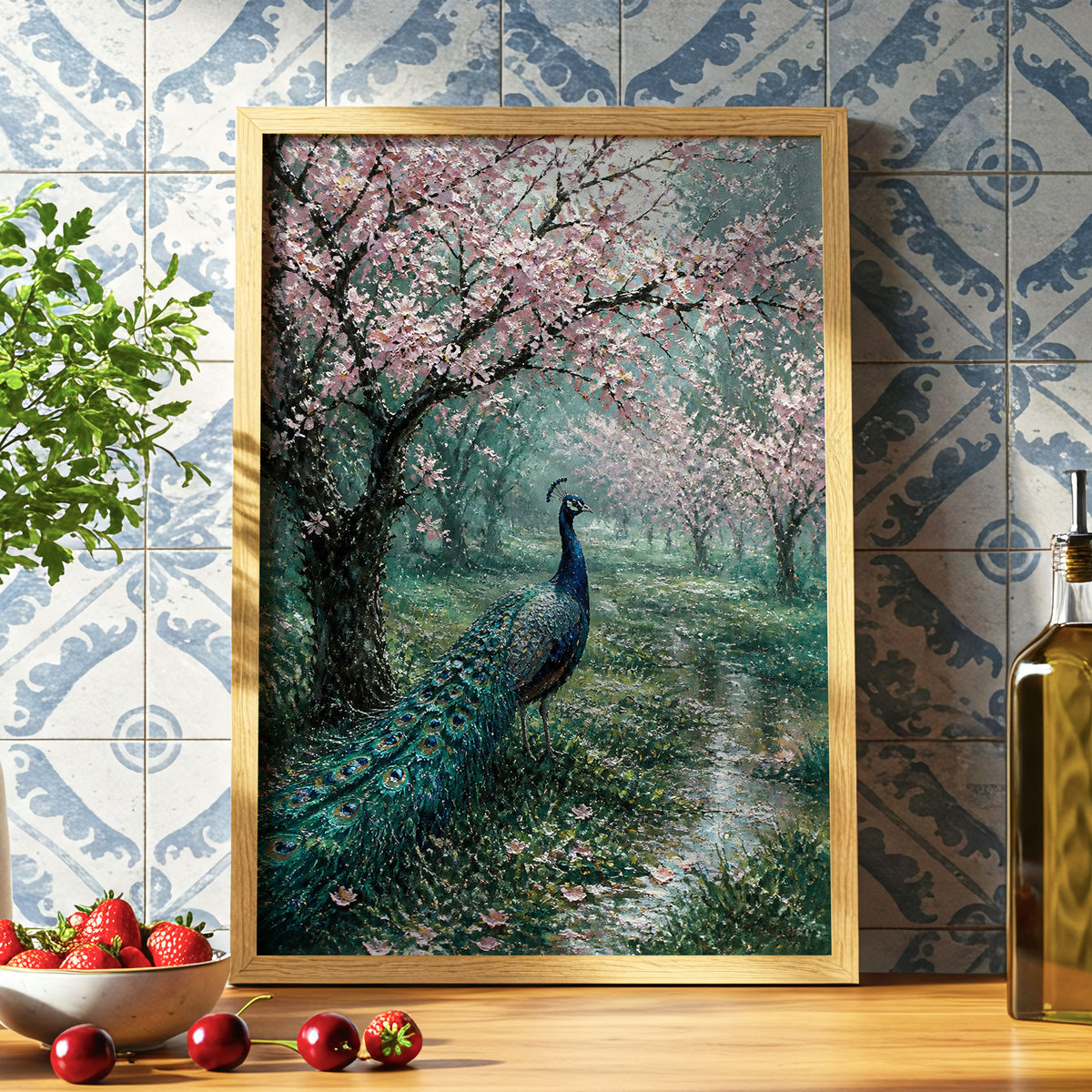 Peacock Beneath Blossom, green, pink, blue nature wall art displayed in a styled interior, gallery view 6