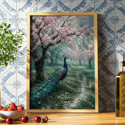 Peacock Beneath Blossom, green, pink, blue nature wall art displayed in a styled interior, gallery view 6
