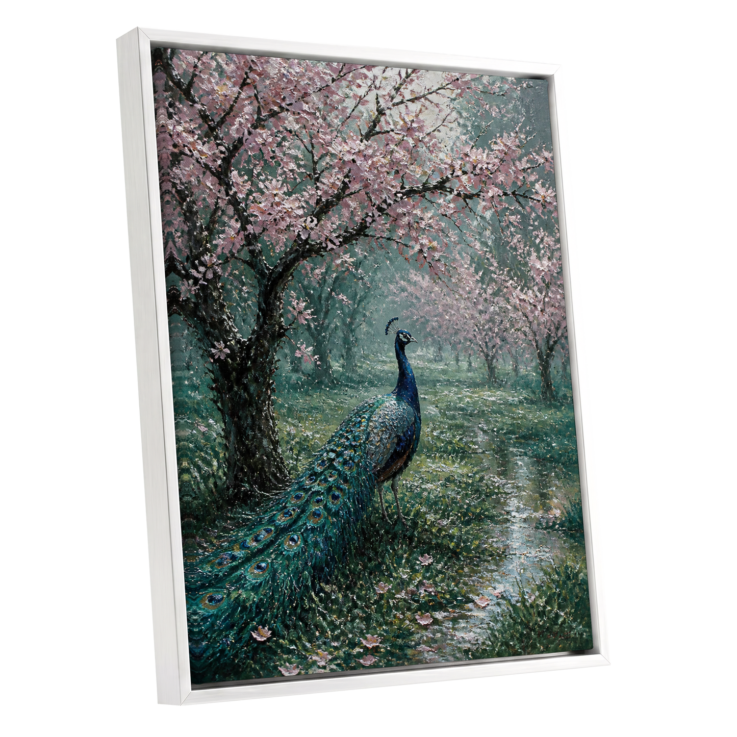 Peacock Beneath Blossom, green, pink, blue nature wall art shown as a white framed canvas wall art