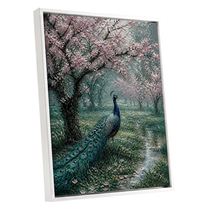 Peacock Beneath Blossom, green, pink, blue nature wall art shown as a white framed canvas wall art