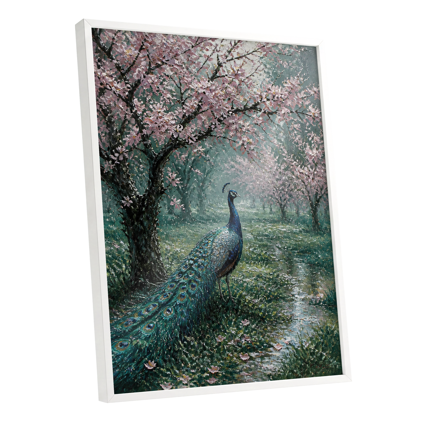 Peacock Beneath Blossom, green, pink, blue nature wall art shown as a white framed poster wall art print