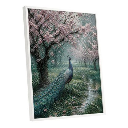 Peacock Beneath Blossom, green, pink, blue nature wall art shown as a white framed poster wall art print