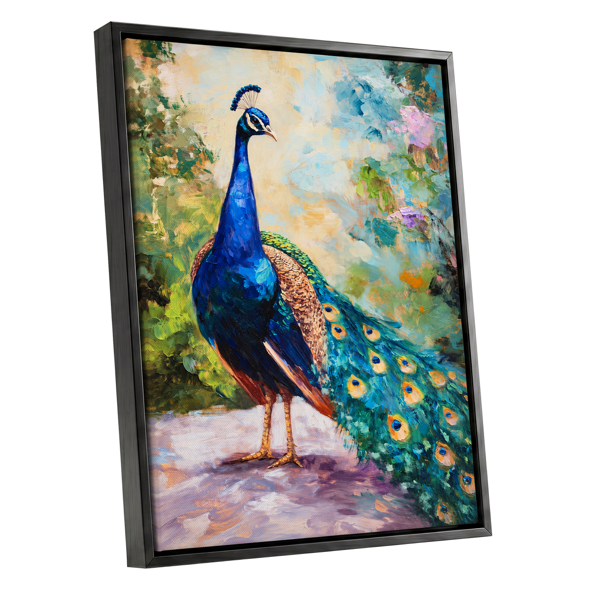 Peacock Garden Glow, blue, green, beige nature wall art shown as a black framed canvas wall art