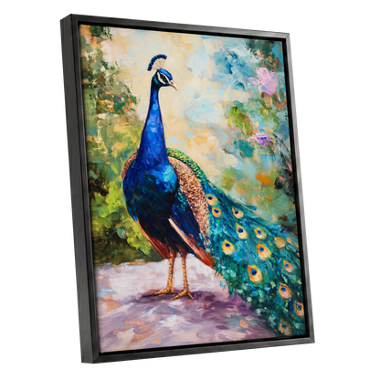 Peacock Garden Glow, blue, green, beige nature wall art shown as a black framed canvas wall art