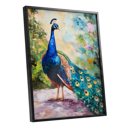 Peacock Garden Glow, blue, green, beige nature wall art shown as a black framed poster wall art print