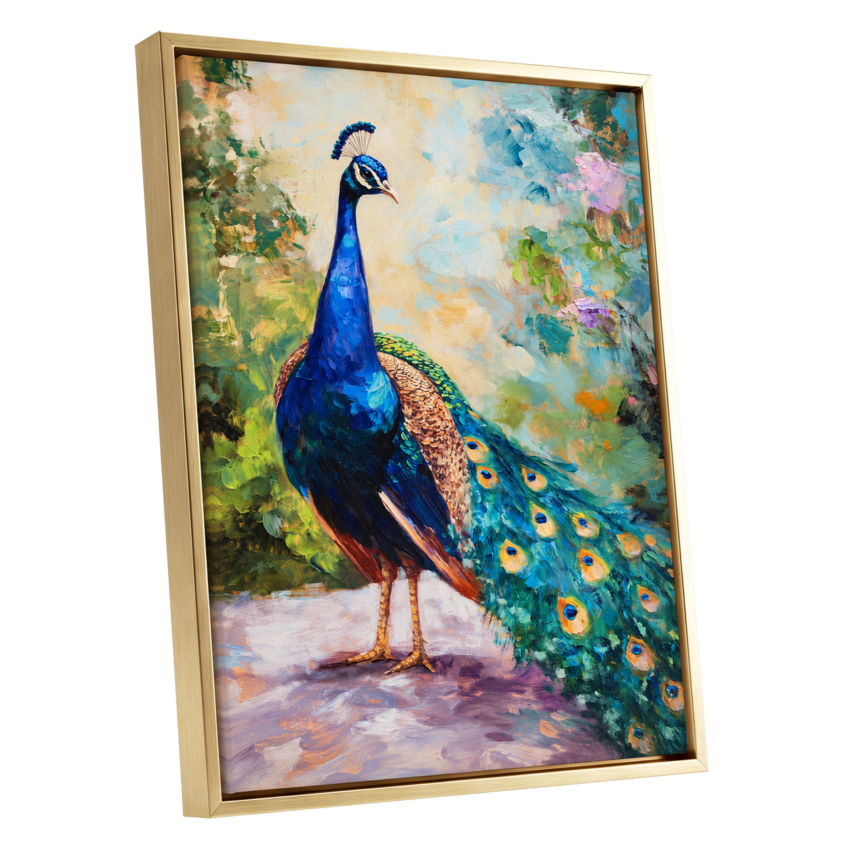 Peacock Garden Glow, blue, green, beige nature wall art shown as a gold framed canvas wall art