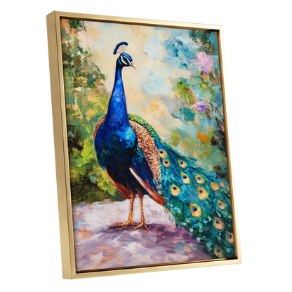 Peacock Garden Glow, blue, green, beige nature wall art shown as a gold framed canvas wall art