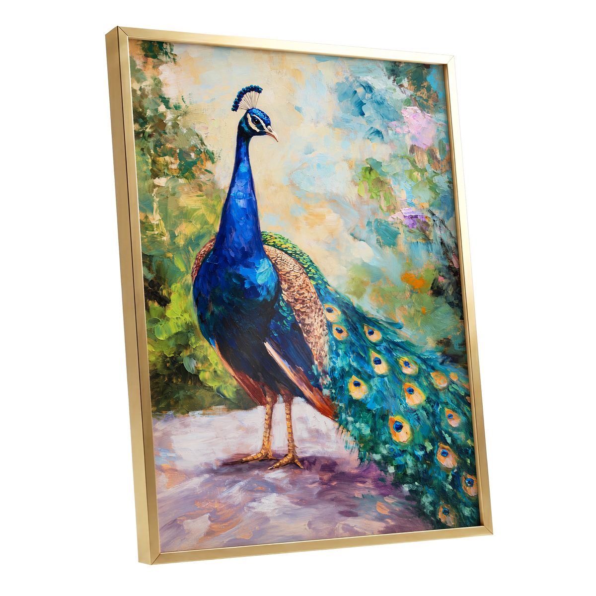 Peacock Garden Glow, blue, green, beige nature wall art shown as a gold framed poster wall art print
