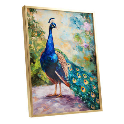 Peacock Garden Glow, blue, green, beige nature wall art shown as a gold framed poster wall art print