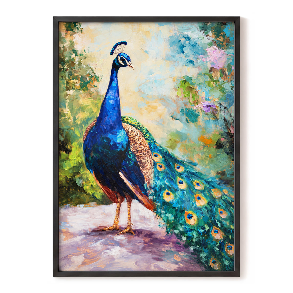 Peacock Garden Glow, blue, green, beige nature wall art, front artwork view