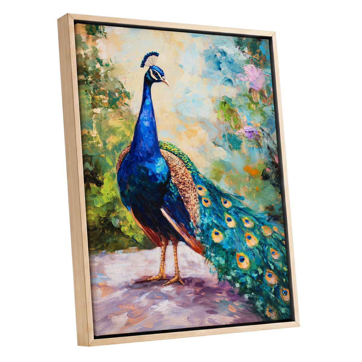 Peacock Garden Glow, blue, green, beige nature wall art shown as a oak framed canvas wall art