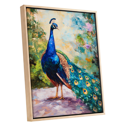 Peacock Garden Glow, blue, green, beige nature wall art shown as a oak framed canvas wall art